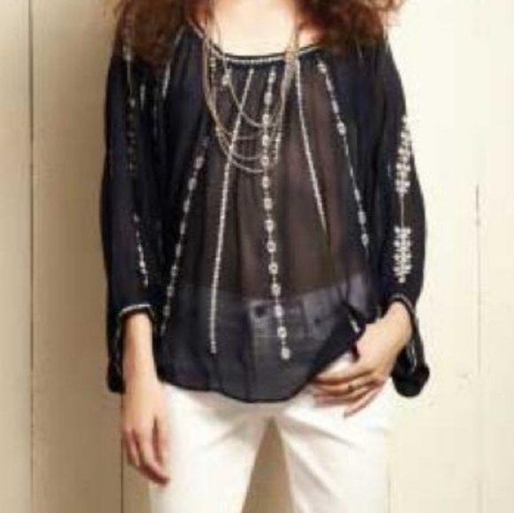 Lucky Brand Sheer Embroidered peasant Blouse - Picture 2 of 9